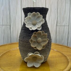 Handmade rustic jute vase with floral motifs